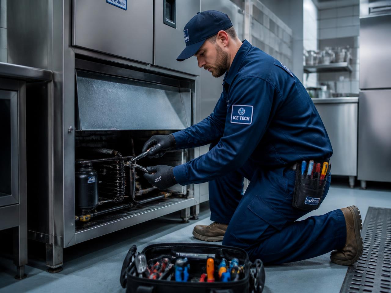 Oasis Preferred Maintenance technician servicing a commercial ice machine in Pensacola, Florida